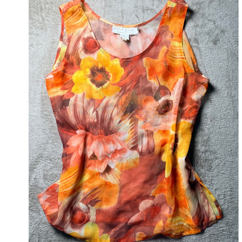 VTG Christine Phillipe Orange Floral Sheer Top Medium Resort Vacation Boho